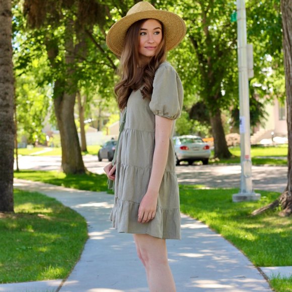 Zara Tiered Linen Blend Babydoll Dress V Neck Ruffled Hem Balloon Sleeve Size L - Picture 4 of 14